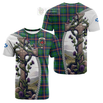 Young Tartan Cotton T-shirt with Family Crest and St. Andrew's Cross Accented by Thistle Vines