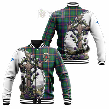 Young Tartan Baseball Jacket with Family Crest and St. Andrew's Cross Accented by Thistle Vines