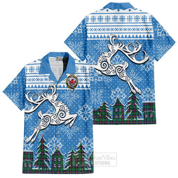 Young Clan Christmas Short Sleeve Button Shirt Celtic Reindeer Style