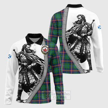 Young Tartan Clan Crest Long Sleeve Polo Shirt with Highlander Warrior Celtic Style