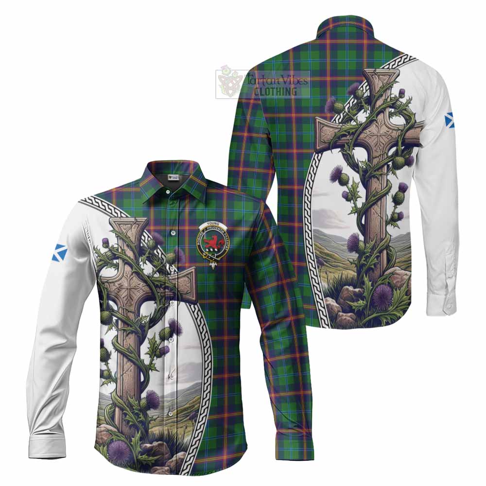 Tartan Vibes Clothing Young Tartan Long Sleeve Button Shirt with Family Crest and St. Andrew's Cross Accented by Thistle Vines