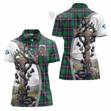 Young Tartan Women's Polo Shirt with Family Crest and St. Andrew's Cross Accented by Thistle Vines