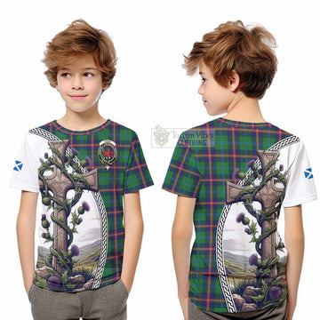 Young Tartan Kid T-Shirt with Family Crest and St. Andrew's Cross Accented by Thistle Vines