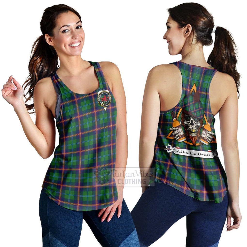 Tartan Vibes Clothing Young Tartan Women's Racerback Tanks with Family Crest and Bearded Skull Holding Bottles of Whiskey