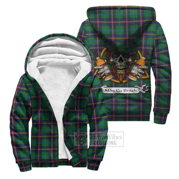 Young Tartan Sherpa Hoodie with Family Crest and Bearded Skull Holding Bottles of Whiskey