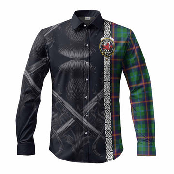 Young Tartan Long Sleeve Button Shirt with Family Crest Cross Sword Thistle Celtic Vibes