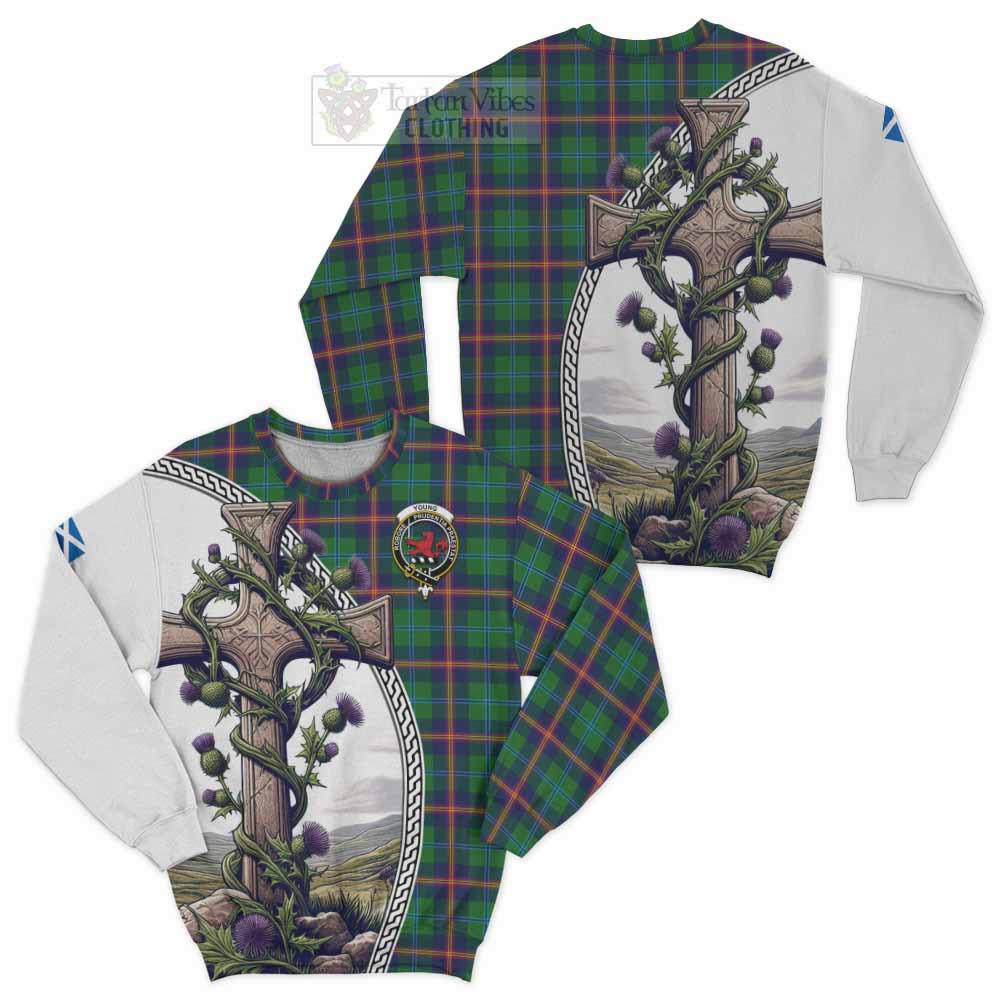 Tartan Vibes Clothing Young Tartan Sweatshirt with Family Crest and St. Andrew's Cross Accented by Thistle Vines