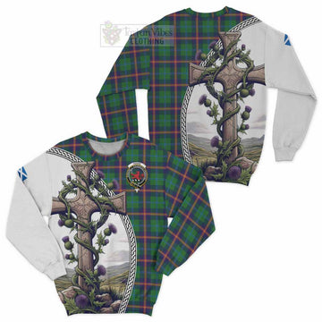 Young Tartan Sweatshirt with Family Crest and St. Andrew's Cross Accented by Thistle Vines