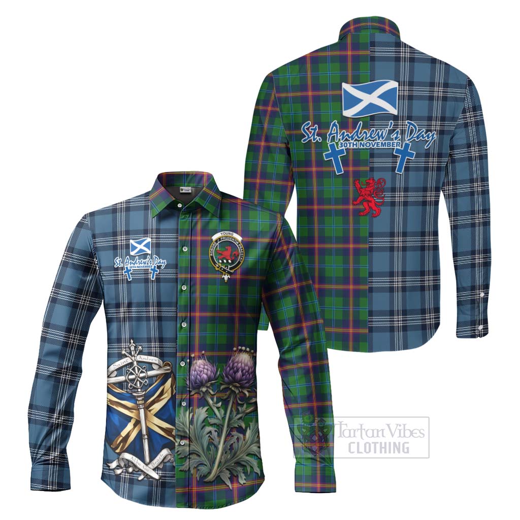 Tartan Vibes Clothing Young Tartan Long Sleeve Button Shirt Happy St. Andrew's Day Half Tartan Style