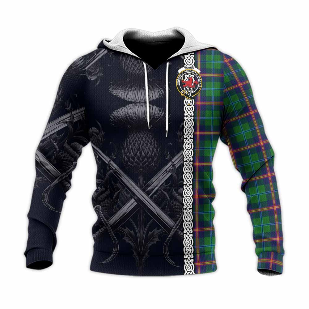 Tartan Vibes Clothing Young Tartan Knitted Hoodie with Family Crest Cross Sword Thistle Celtic Vibes