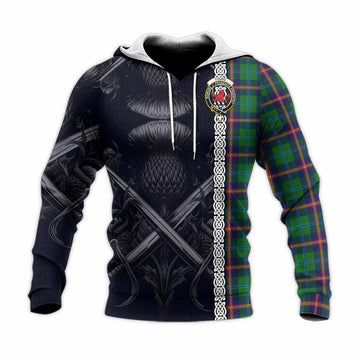 Young Tartan Knitted Hoodie with Family Crest Cross Sword Thistle Celtic Vibes