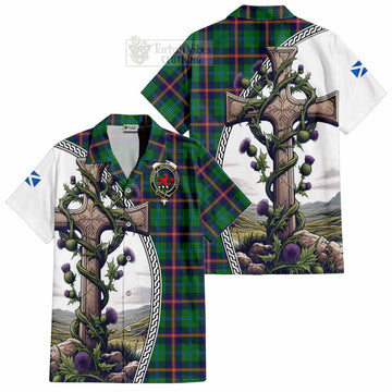 Young Tartan Short Sleeve Button Shirt with Family Crest and St. Andrew's Cross Accented by Thistle Vines