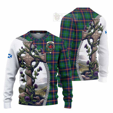 Young Tartan Knitted Sweater with Family Crest and St. Andrew's Cross Accented by Thistle Vines