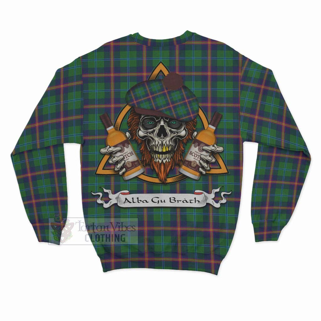 Tartan Vibes Clothing Young Tartan Sweatshirt with Family Crest and Bearded Skull Holding Bottles of Whiskey