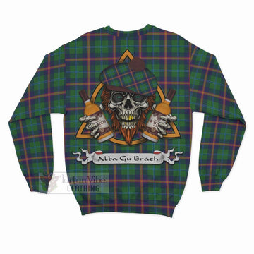 Young Tartan Sweatshirt with Family Crest and Bearded Skull Holding Bottles of Whiskey