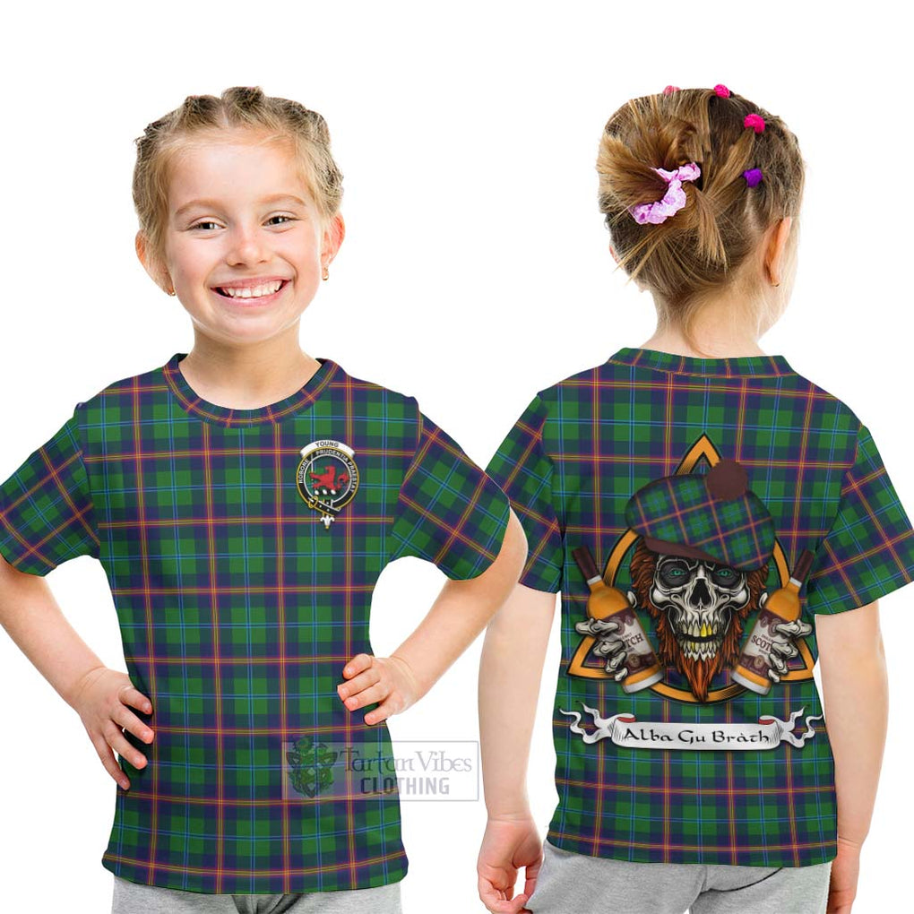 Tartan Vibes Clothing Young Tartan Kid T-Shirt with Family Crest and Bearded Skull Holding Bottles of Whiskey