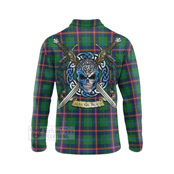 Young Tartan Long Sleeve Polo Shirt with Family Crest Celtic Skull Style