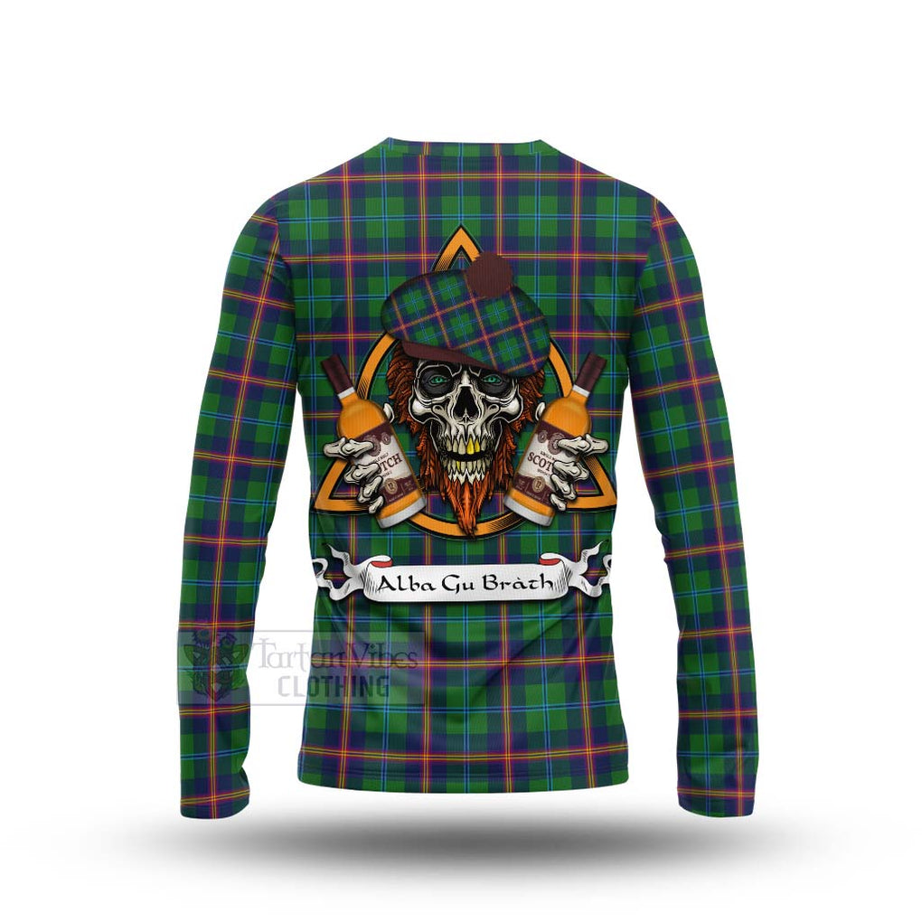 Tartan Vibes Clothing Young Tartan Long Sleeve T-Shirt with Family Crest and Bearded Skull Holding Bottles of Whiskey