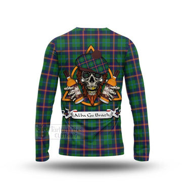 Young Tartan Long Sleeve T-Shirt with Family Crest and Bearded Skull Holding Bottles of Whiskey