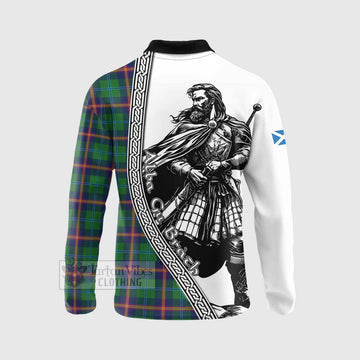 Young Tartan Clan Crest Long Sleeve Polo Shirt with Highlander Warrior Celtic Style