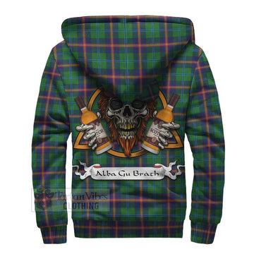 Young Tartan Sherpa Hoodie with Family Crest and Bearded Skull Holding Bottles of Whiskey