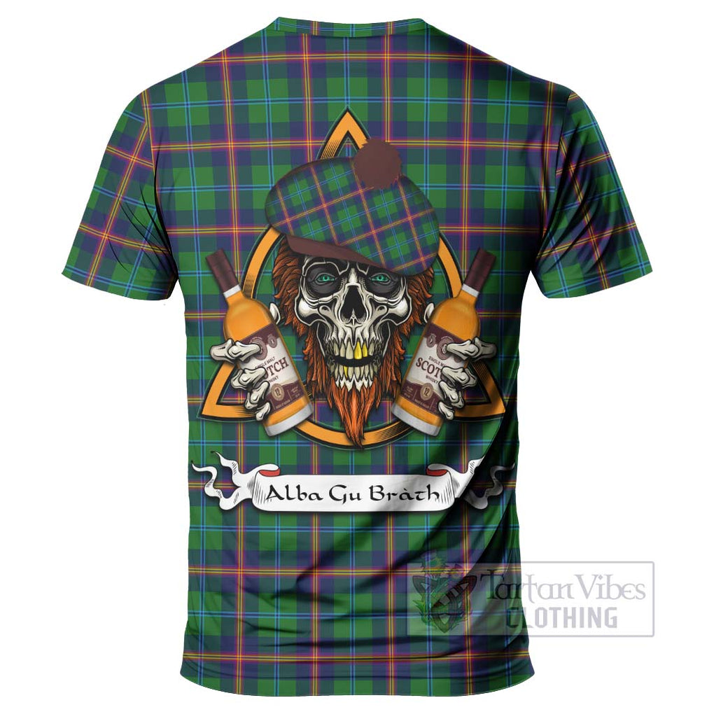 Tartan Vibes Clothing Young Tartan T-Shirt with Family Crest and Bearded Skull Holding Bottles of Whiskey