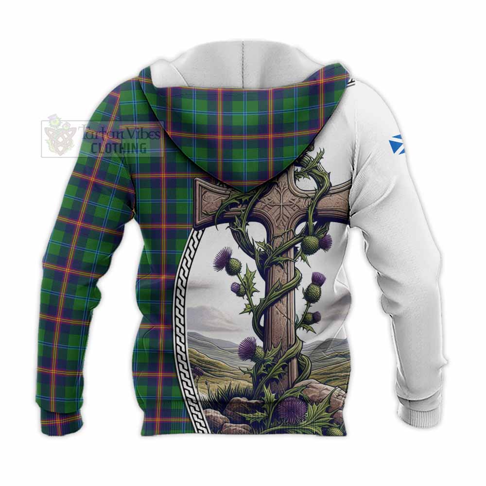 Tartan Vibes Clothing Young Tartan Knitted Hoodie with Family Crest and St. Andrew's Cross Accented by Thistle Vines