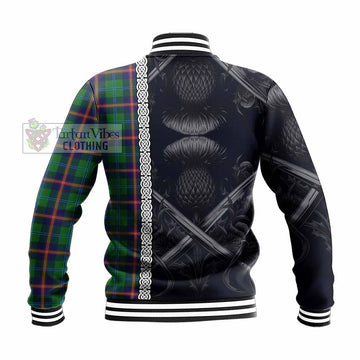 Young Tartan Baseball Jacket with Family Crest Cross Sword Thistle Celtic Vibes