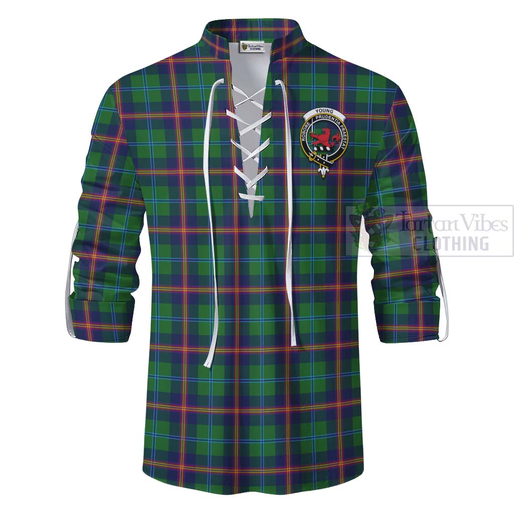 Tartan Vibes Clothing Young Tartan Ghillie Kilt Shirt with Family Crest and Bearded Skull Holding Bottles of Whiskey