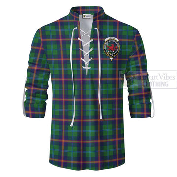 Young Tartan Ghillie Kilt Shirt with Family Crest and Bearded Skull Holding Bottles of Whiskey