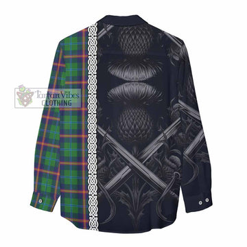 Young Tartan Women's Casual Shirt with Family Crest Cross Sword Thistle Celtic Vibes