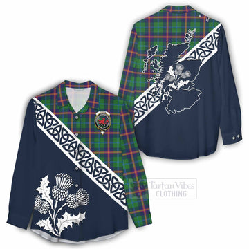 Young Tartan Women's Casual Shirt Featuring Thistle and Scotland Map