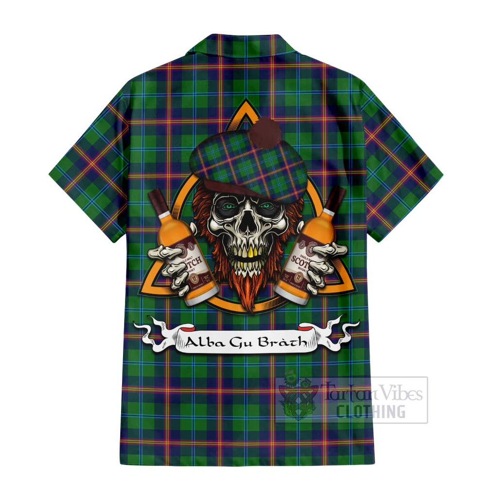 Tartan Vibes Clothing Young Tartan Short Sleeve Button Shirt with Family Crest and Bearded Skull Holding Bottles of Whiskey