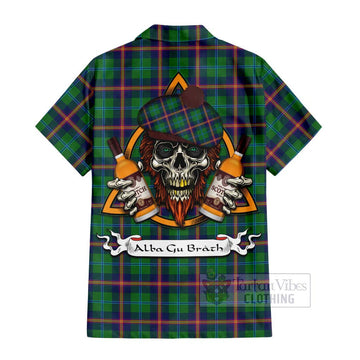 Young Tartan Short Sleeve Button Shirt with Family Crest and Bearded Skull Holding Bottles of Whiskey