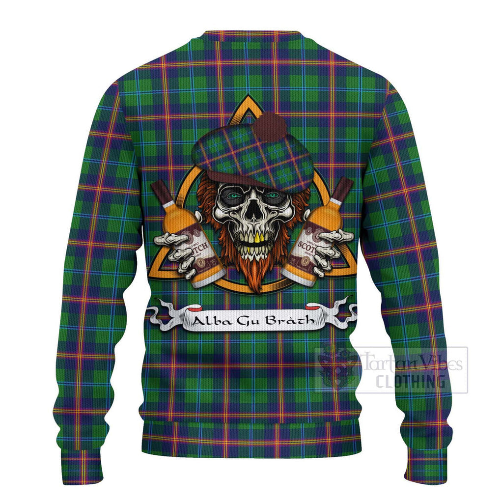 Tartan Vibes Clothing Young Tartan Knitted Sweater with Family Crest and Bearded Skull Holding Bottles of Whiskey