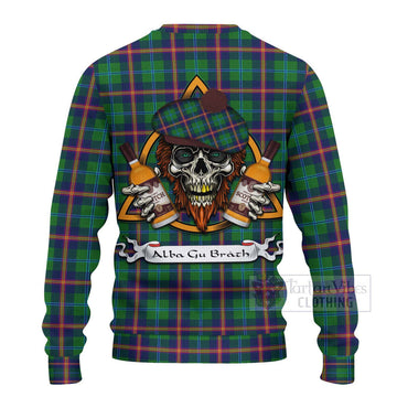 Young Tartan Ugly Sweater with Family Crest and Bearded Skull Holding Bottles of Whiskey