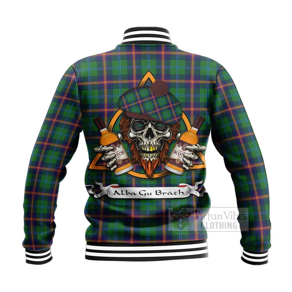 Tartan Vibes Clothing Young Tartan Baseball Jacket with Family Crest and Bearded Skull Holding Bottles of Whiskey