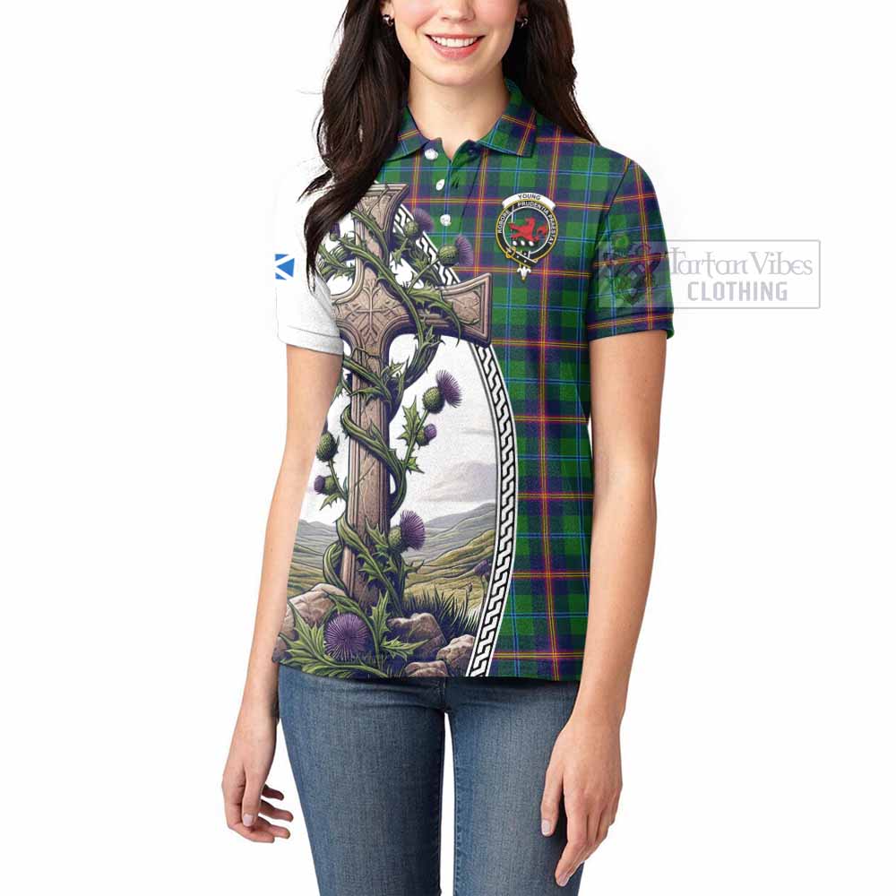 Tartan Vibes Clothing Young Tartan Women's Polo Shirt with Family Crest and St. Andrew's Cross Accented by Thistle Vines