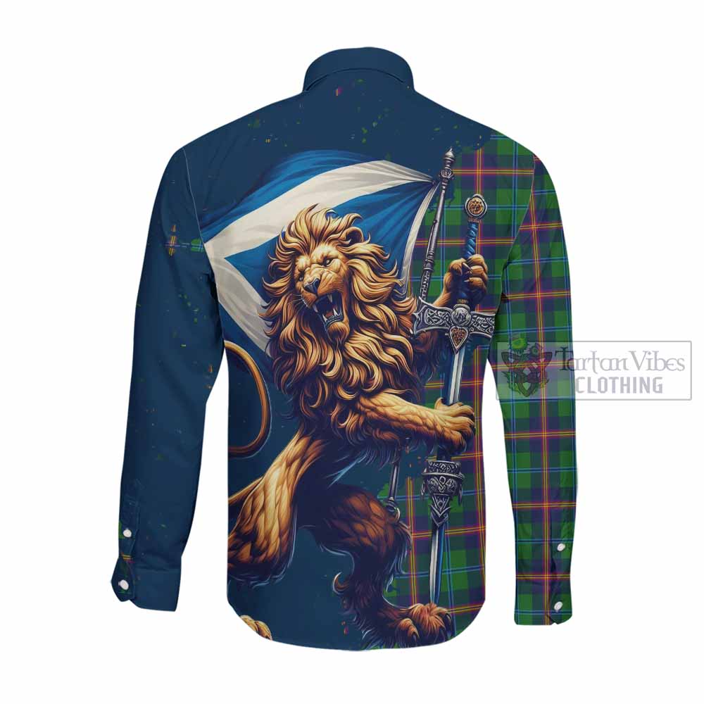 Tartan Vibes Clothing Young Tartan Family Crest Long Sleeve Button Shirt with Scottish Majestic Lion