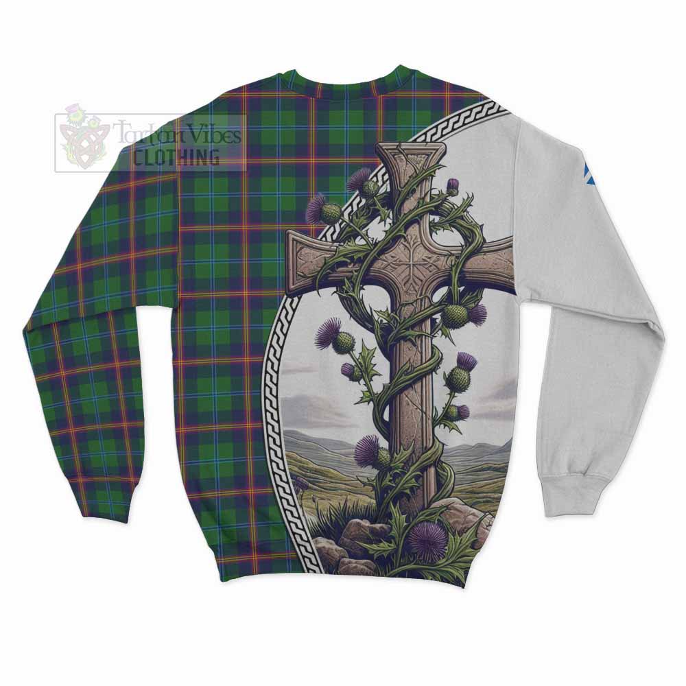 Tartan Vibes Clothing Young Tartan Sweatshirt with Family Crest and St. Andrew's Cross Accented by Thistle Vines