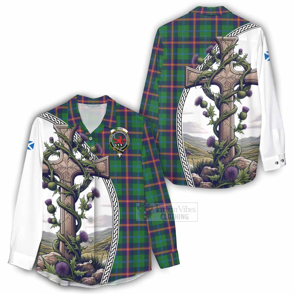 Tartan Vibes Clothing Young Tartan Women's Casual Shirt with Family Crest and St. Andrew's Cross Accented by Thistle Vines