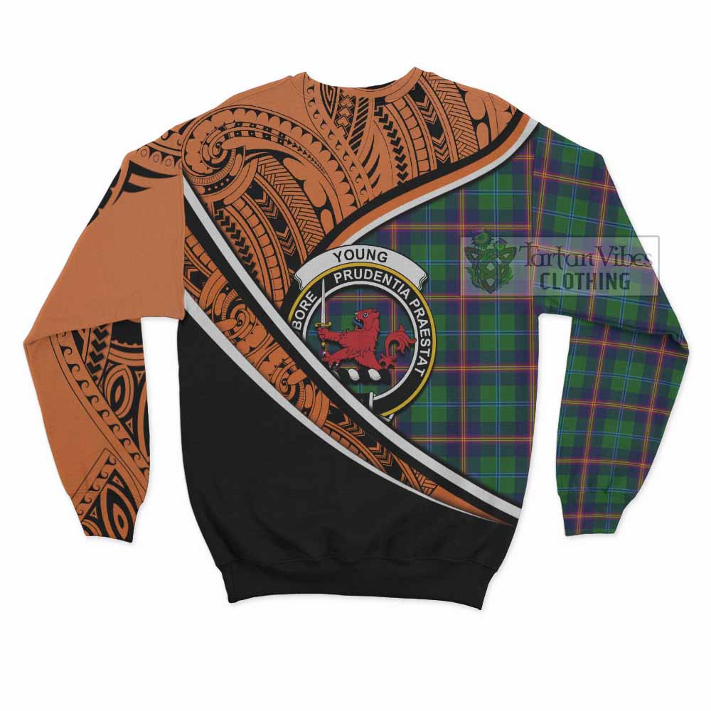 Tartan Vibes Clothing Young Crest Tartan Sweatshirt with Maori Tattoo Style - Orange Version