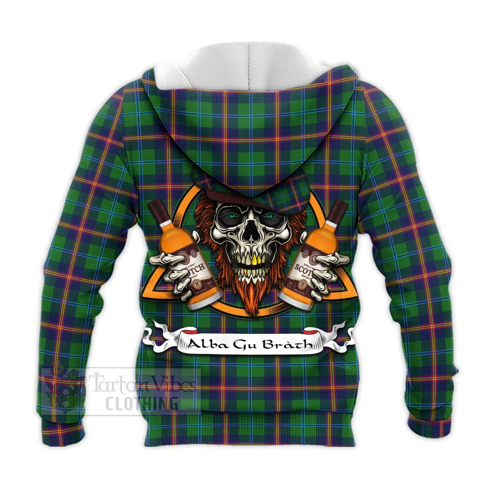 Tartan Vibes Clothing Young Tartan Knitted Hoodie with Family Crest and Bearded Skull Holding Bottles of Whiskey