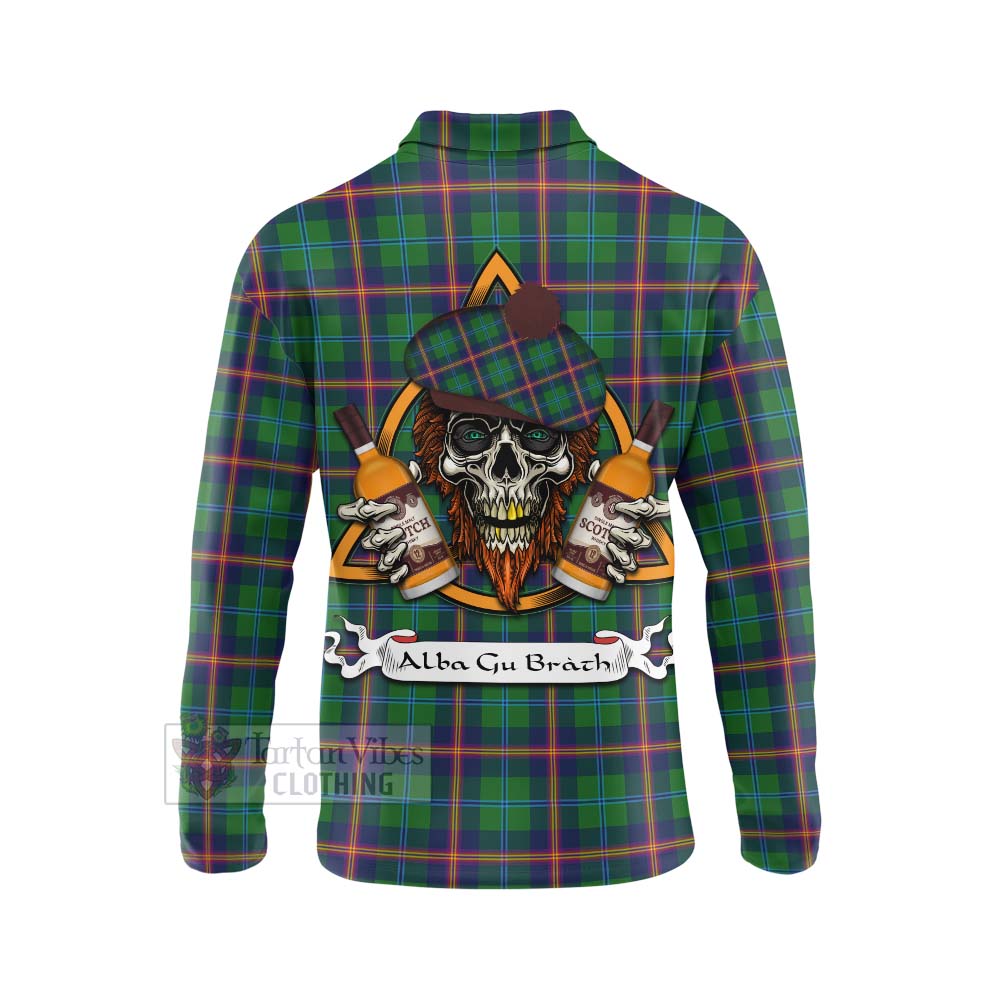 Tartan Vibes Clothing Young Tartan Long Sleeve Polo Shirt with Family Crest and Bearded Skull Holding Bottles of Whiskey