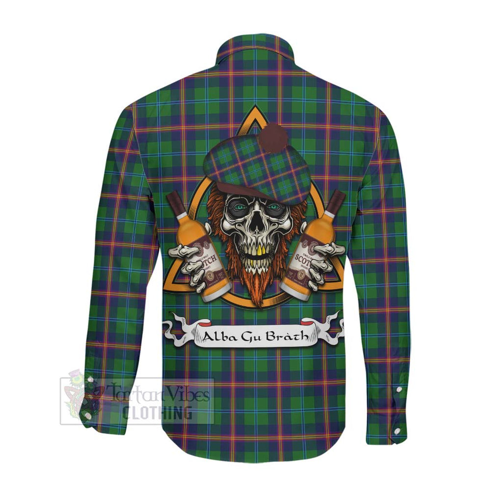 Tartan Vibes Clothing Young Tartan Long Sleeve Button Shirt with Family Crest and Bearded Skull Holding Bottles of Whiskey