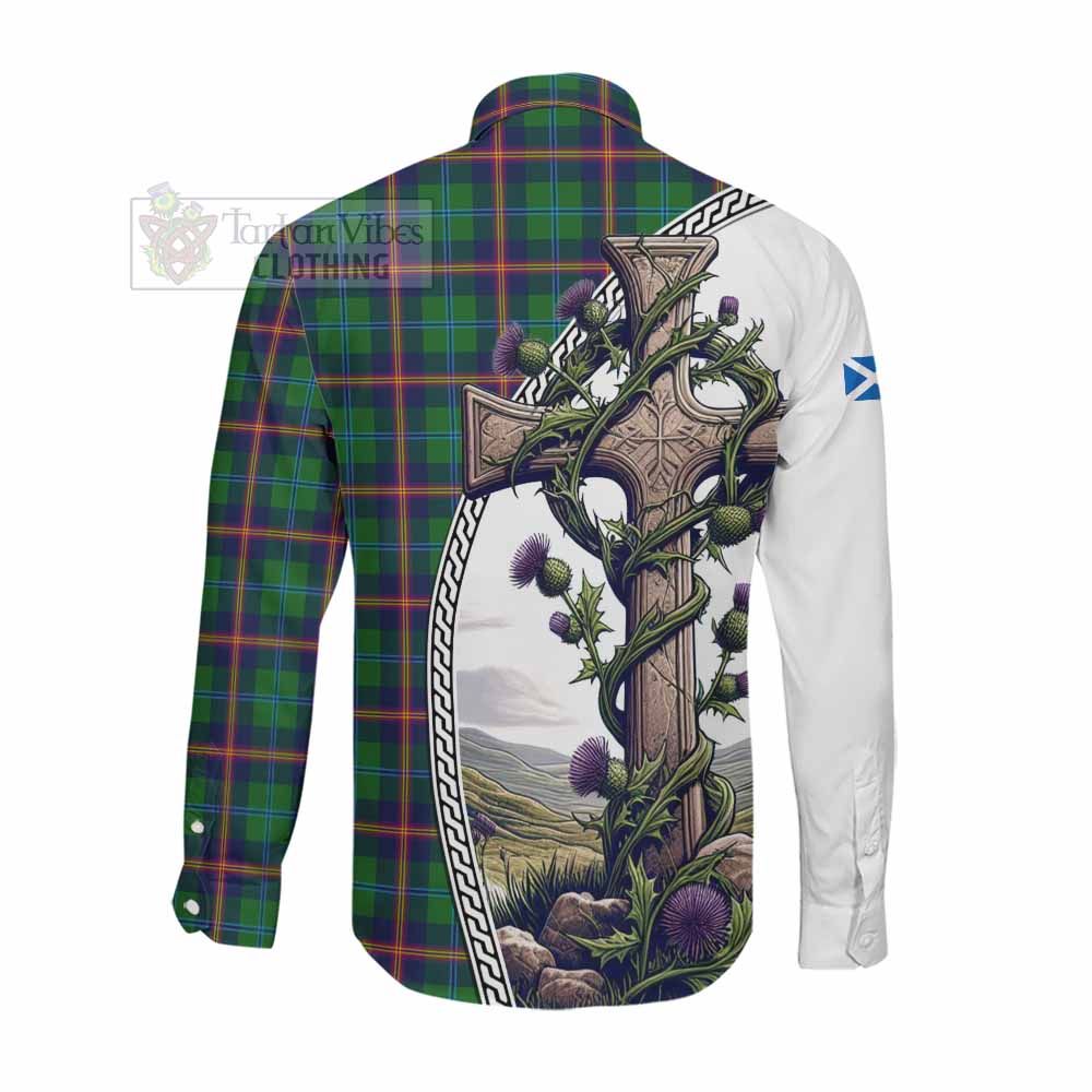 Tartan Vibes Clothing Young Tartan Long Sleeve Button Shirt with Family Crest and St. Andrew's Cross Accented by Thistle Vines