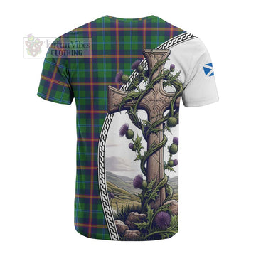 Young Tartan Cotton T-shirt with Family Crest and St. Andrew's Cross Accented by Thistle Vines