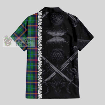 Young Tartan Short Sleeve Button Shirt with Family Crest Cross Sword Thistle Celtic Vibes