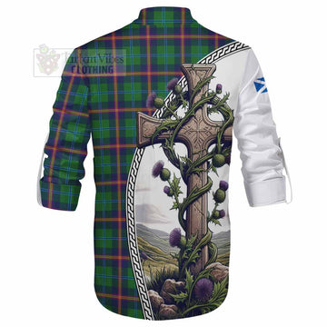 Young Tartan Ghillie Kilt Shirt with Family Crest and St. Andrew's Cross Accented by Thistle Vines