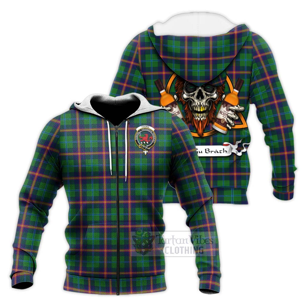 Tartan Vibes Clothing Young Tartan Knitted Hoodie with Family Crest and Bearded Skull Holding Bottles of Whiskey